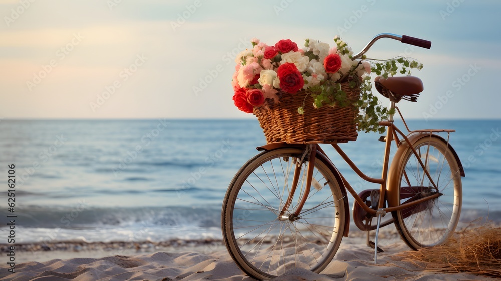 Bicycle with a yellow flower basket next to the sea.