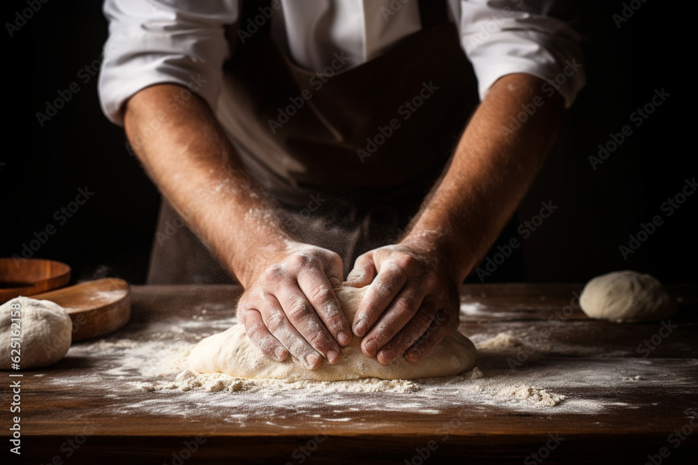 Male hands prepares dough close up. AI generated Male hands prepares dough close up. AI generated
