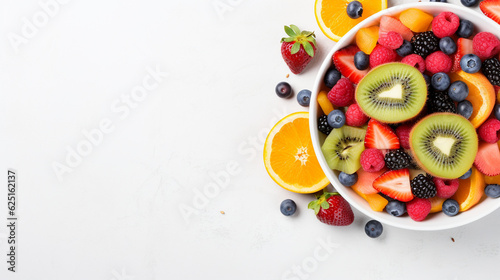 Colorful fruit salad, food, top view, the blank background is on the left side Generative AI