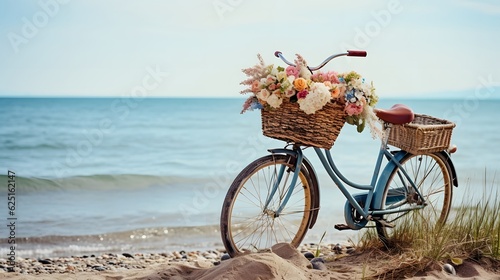 Bicycle with a yellow flower basket next to the sea.