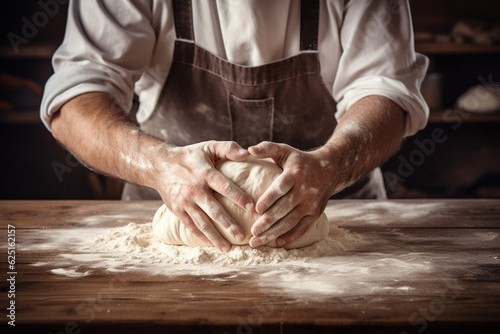 Male hands prepares dough close up. AI generated