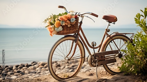 Bicycle with a yellow flower basket next to the sea. © Tremens Productions