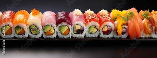 Colorful rainbow sushi rolls, food, top view, the blank background is on the left side Generative AI