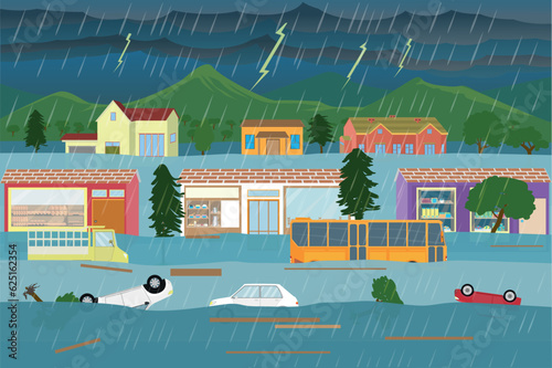 town flooded after heavy rain
