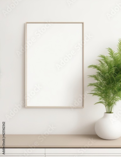 Blank canvas frame mockup on empty wall. Living room design clean and beige.  Modern scandinavian style interior with artwork mock up on wall. Home staging and minimalism interior design mockup 