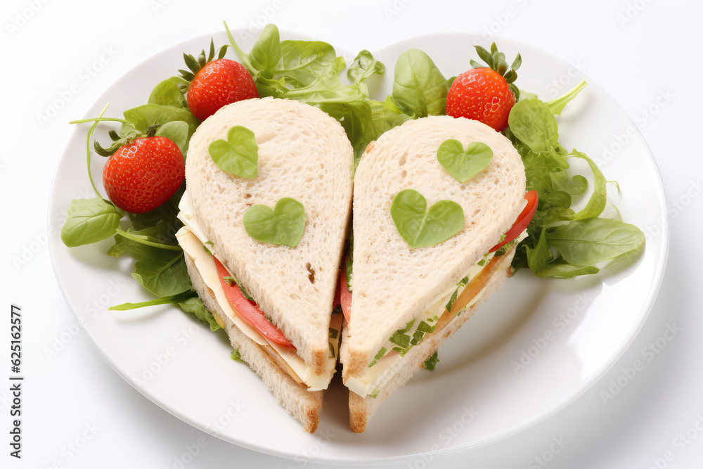White Heart Shaped Plate With Sandwiches On White Background. Generative AI White Heart Shaped Plate With Sandwiches On White Background. Generative AI