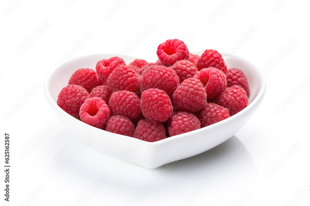 White Heart Shaped Plate With Raspberries On White Background. Generative AI White Heart Shaped Plate With Raspberries On White Background. Generative AI