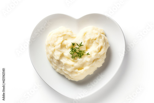White Heart Shaped Plate With Mashed Potatoes On White Background. Generative AI