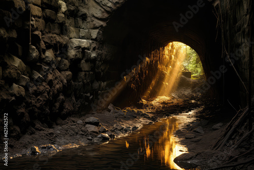 Warm Sunlight Flooding Tunnels Exit, Symbolizing Hope. Generative AI