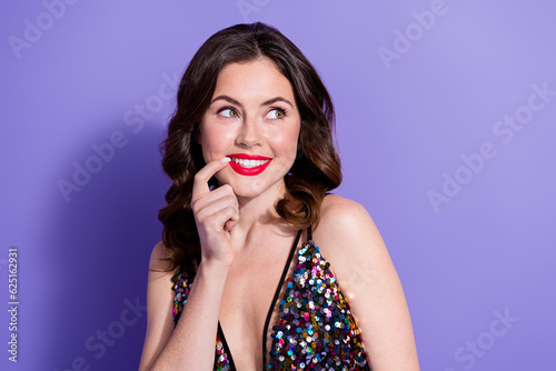 Portrait of attractive lady look empty space have plans on weekend event occasion adverts isolated vivid color background