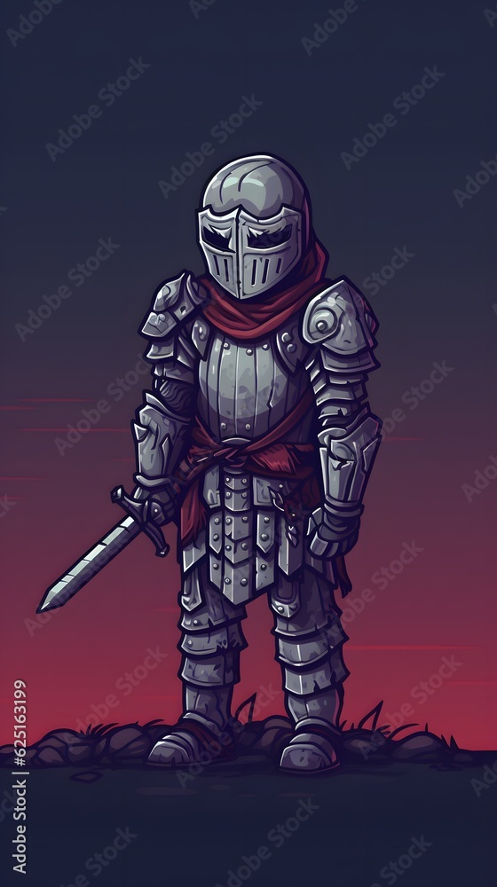 Pixel art knight character for RPG game, character in retro style for 8 bit game