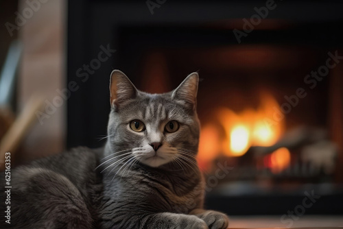 Cat In The Background Of Defocused Fireplace. Generative AI