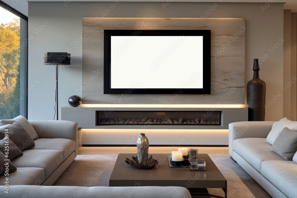 Television mock up. TV with an empty screen in a modern living room. AI generated
