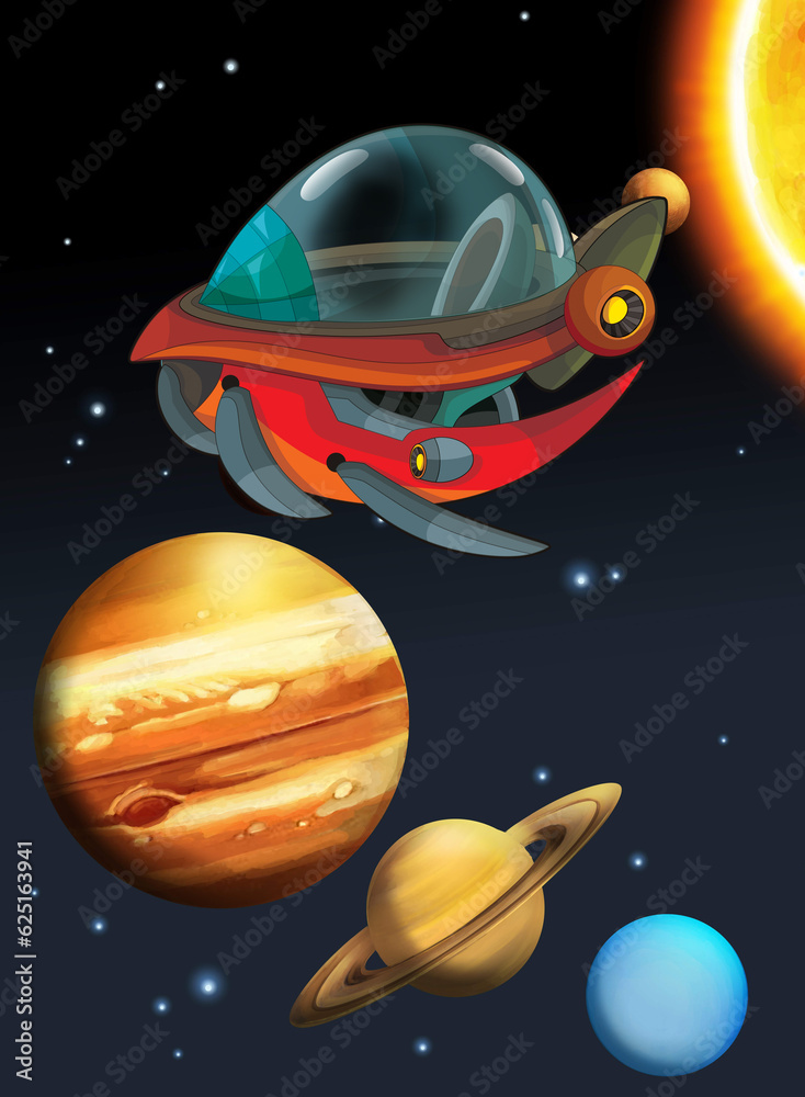 Naklejka premium Cartoon funny colorful scene of cosmos galactic alien ufo space craft ship isolated illustration for children