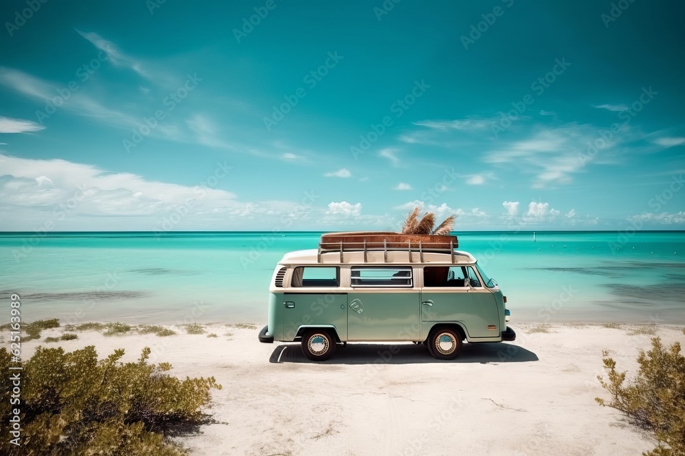 Summer holiday travel with cute old van. Generative AI 7 Summer holiday travel with cute old van. Generative AI 7