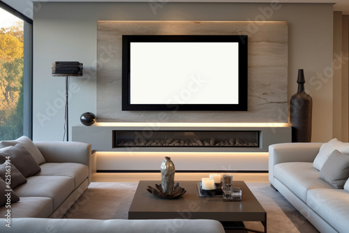 Television mock up. TV with an empty screen in a modern living room. AI generated © tiena