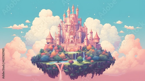 Landscape of a fantasy architecture style castle high up in the mountains. 8 Bits. Pixel art.
