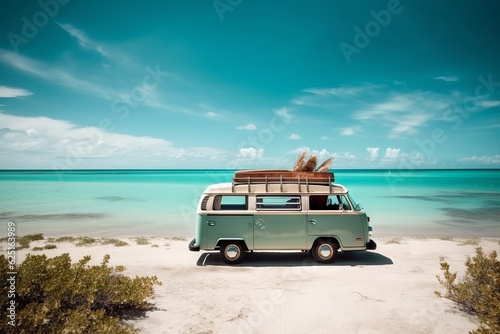 Summer holiday travel with cute old van. Generative AI 7