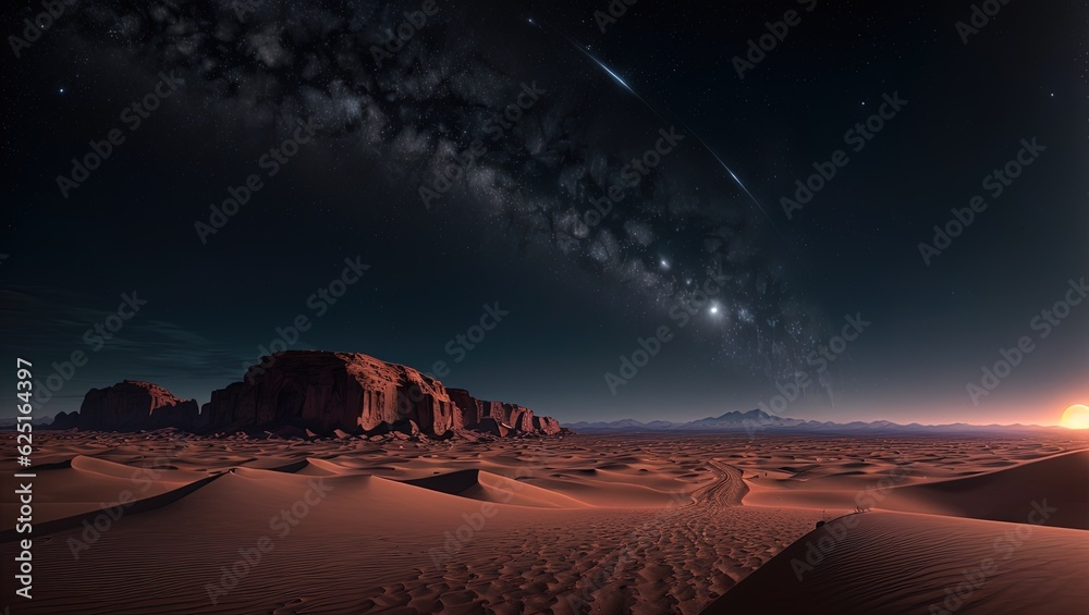 Landscape of the Sahara desert at night with full moon and stars