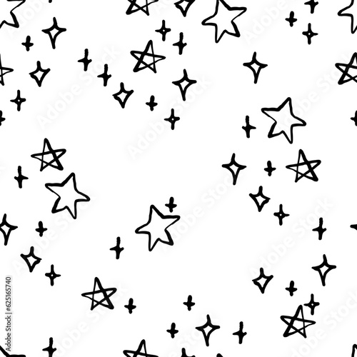 Sparkle Hand Drawn Stars in Black and White Vector Seamless Pattern