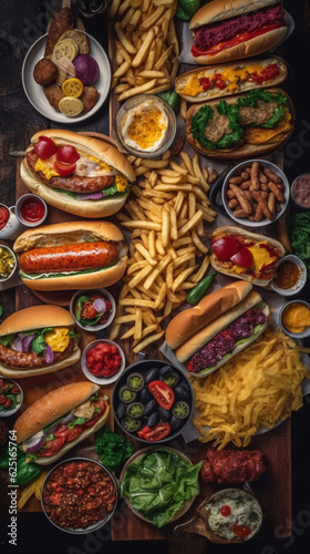 fast food table top view hamburger hot dog snack, ai generation