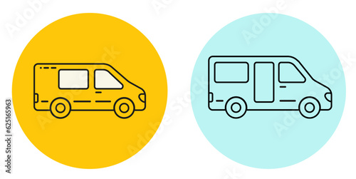 Delivery van. Minibus outline vector icon in circle.