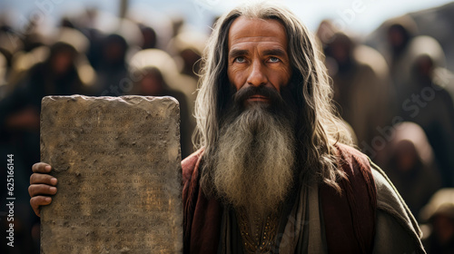 Foto Portrait of biblical Moses holding a tablet of the 10 commandments