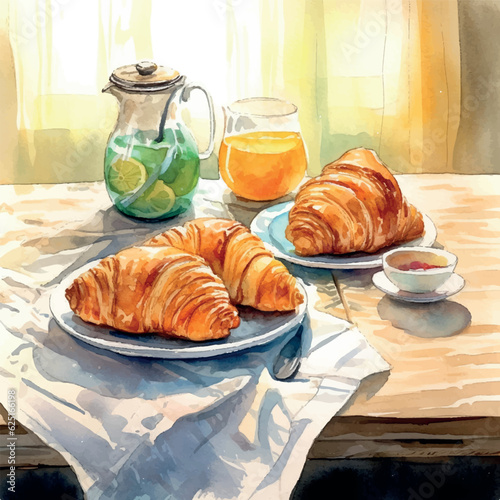 Modern croissants still life watercolor, great design for any purposes. Colorful summer