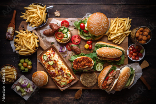 fast food table top view hamburger hot dog snack, ai generation