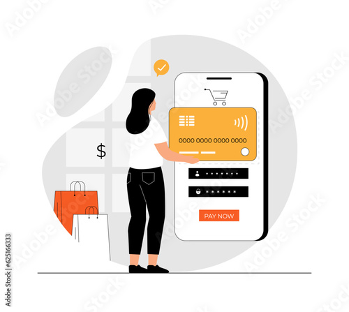 Wireless transaction concept. Woman makes purchases using NFC phone contactless payment. Internet banking. Illustration with people scene in flat design for website and mobile development