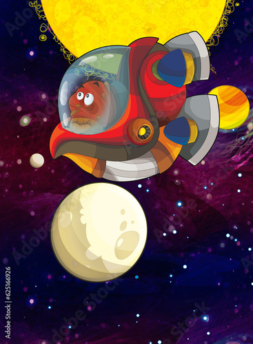 Cartoon funny colorful scene of cosmos galactic alien ufo space craft ship isolated illustration for children
