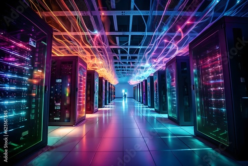 A wide-angle photo of a data center filled with servers and networking equipment under colorful lights, 
illustrating the complex infrastructure behind modern businesses.