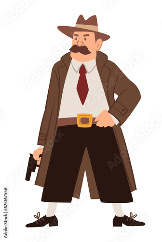 Old detective, investigator wearing coat with gun