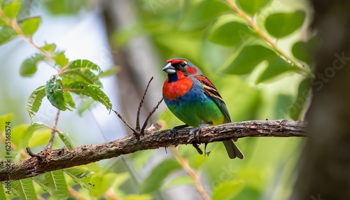 A Painted Bunting bird is seen perched on a tree in a forest in this wide-angle and up-close photo © ahmta