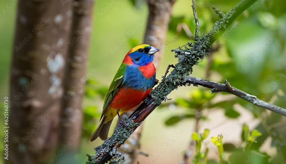 A Painted Bunting bird perched on a tree in a forest is seen from both a wide angle and up-close perspective.jpeg