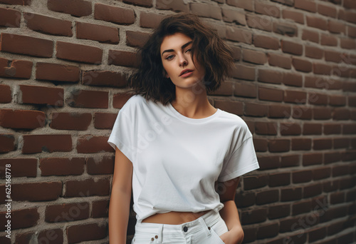 Beautiful smiling woman in a white shirt posing on a brick wall