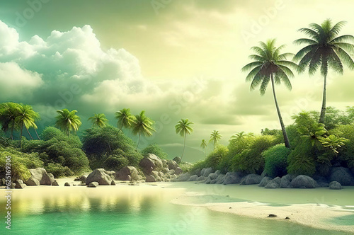 tropical island beach, fantasy landscape, pastel colors, digital painting