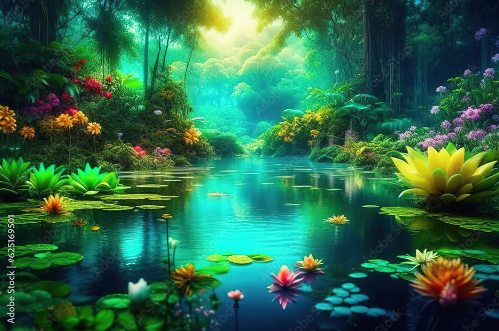 Naklejka premium dreamy fantasy deep jungle lush vegetation, digital illustration