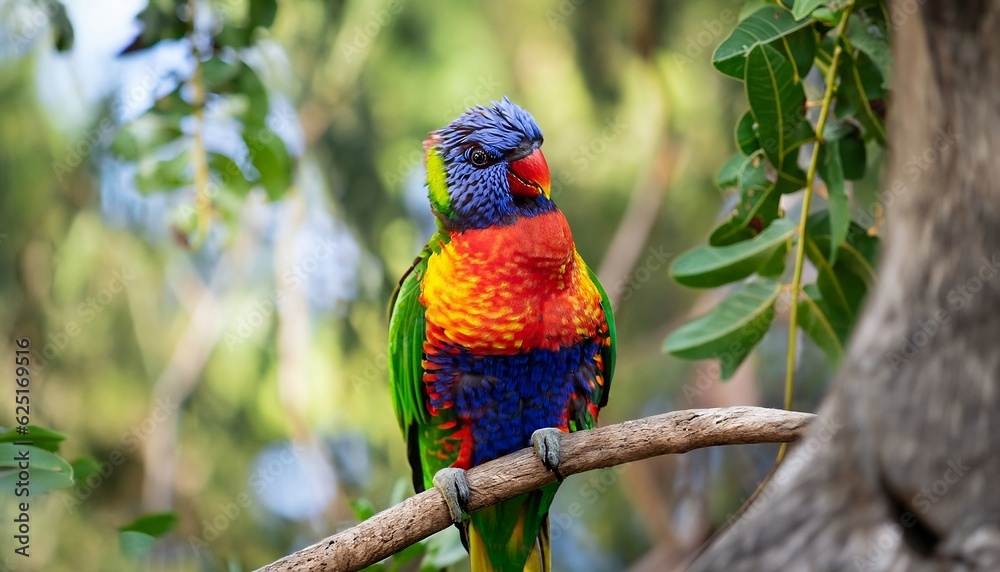 Close-up and wide angle of Rainbow Lorikeet on a forest tree Close-up and wide angle of Rainbow Lorikeet on a forest tree