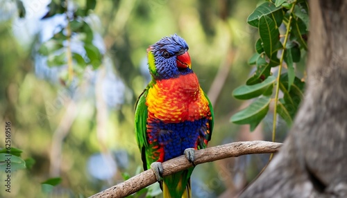 Close-up and wide angle of Rainbow Lorikeet on a forest tree