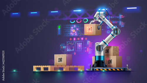 Robot arm work on smart warehouse. Robotic arm puts boxes on pallets. Automation logistics on smart stock storage of products. Industry robot with AI on industry factory. Technology business concept.