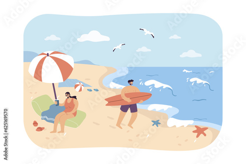 Happy people having fun on beach vector illustration. Woman in swimsuit drinking lemonade under umbrella while man with surfboard going surfing to ocean. Summer, travel concept
