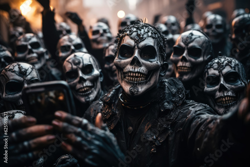 A crowd of people in skull makeup at a Day of the Dead parade; illustration with empty space for text 