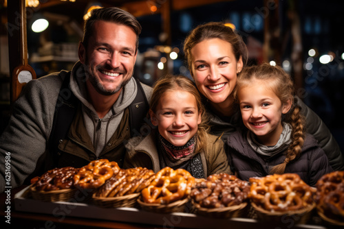 A family in traditional German clothes enjoying pretzels at a food stand during Oktoberfest  illustration with empty space for text 
