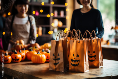 Papier peint Asian-American parents preparing Halloween goodie bags for their child's school