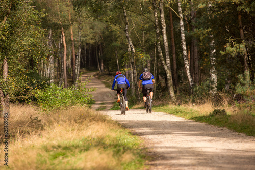 Two mountain bikers seen from the back with blue shirts cycling on a forest path