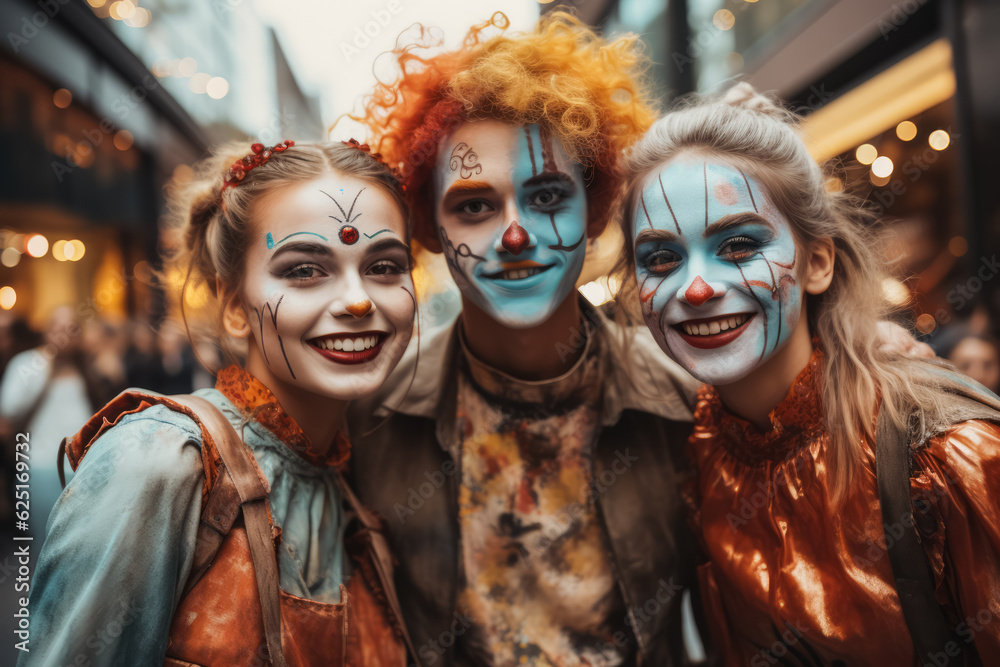 Group of friends in a city participating in a public Halloween parade; in full costume and makeup; illustration with empty space for text Group of friends in a city participating in a public Halloween parade; in full costume and makeup; illustration with empty space for text
