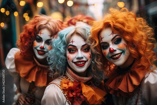 Group of friends in a city participating in a public Halloween parade; in full costume and makeup; illustration with empty space for text 