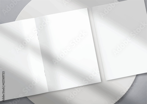 Realistic empty blank A4/A5 flyer, booklet, half-fold, brochure, leaflet, book presentation template design. Window and leaves shadow overlay, isolated on white background. 3D Vector Illustration.