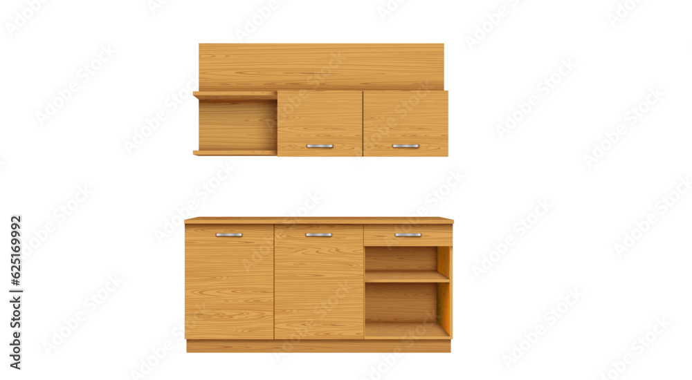wooden kitchen cabinet on the white background